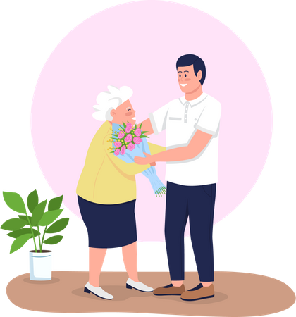 Enkel schenkt Großmutter Blumen  Illustration