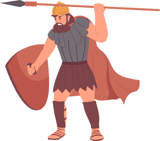 Enojado guerrero romano Goliat con casco parado con escudo y atacando con lanza  Ilustración