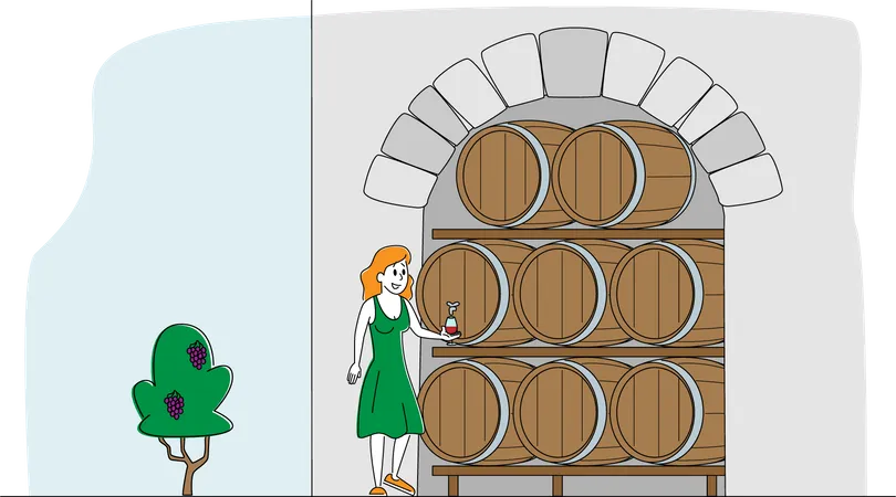 Enóloga degustando vino en bodega con barricas de roble  Ilustración