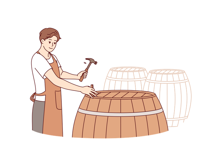 Un enólogo abre un barril con la bebida terminada para degustar un vino de Burdeos elaborado con uvas orgánicas.  Ilustración