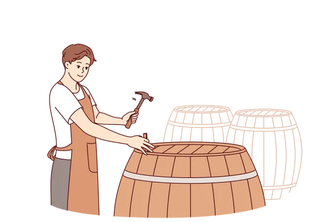 Un enólogo abre un barril con la bebida terminada para degustar un vino de Burdeos elaborado con uvas orgánicas.  Ilustración