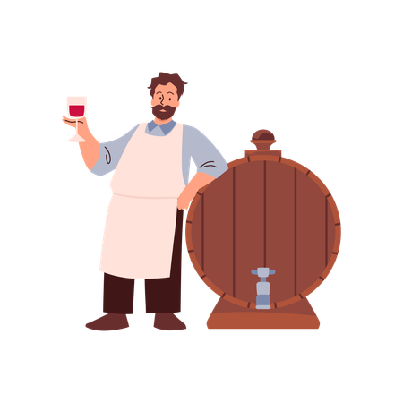 Enólogo de pie con delantal sosteniendo una copa de vino tinto cerca del barril de madera  Ilustración