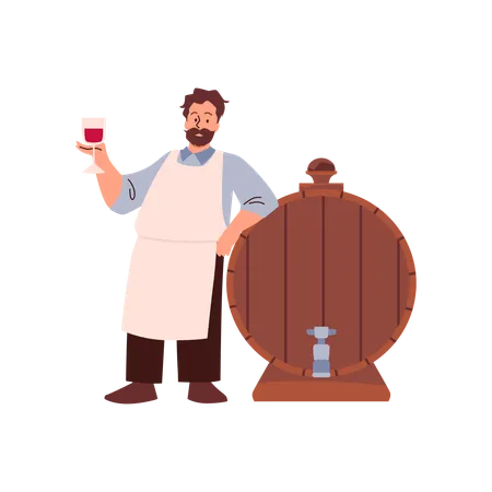 Enólogo de pie con delantal sosteniendo una copa de vino tinto cerca del barril de madera  Ilustración