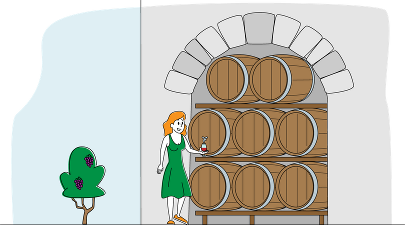 Enóloga feminina degustando vinho na adega com barris de carvalho  Ilustração