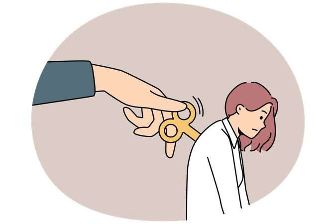 Une énorme clé à remontage manuel dans le dos d'une femme fatiguée  Illustration