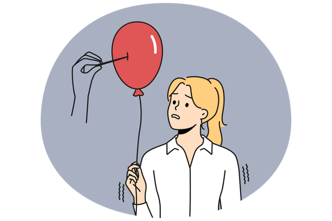 Une énorme main perce un ballon dans la main d'une femme  Illustration