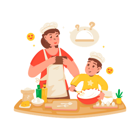 Une mère et son fils enregistrent un blog culinaire  Illustration