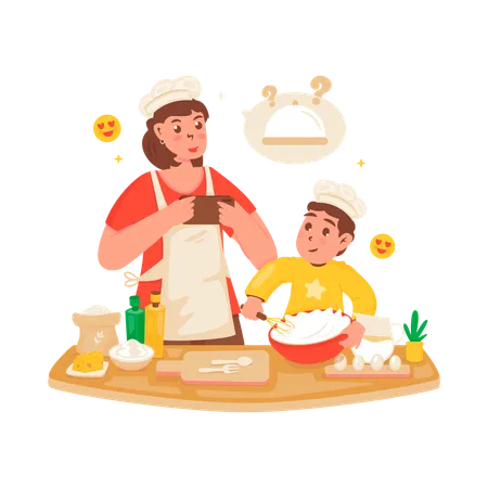 Une mère et son fils enregistrent un blog culinaire  Illustration