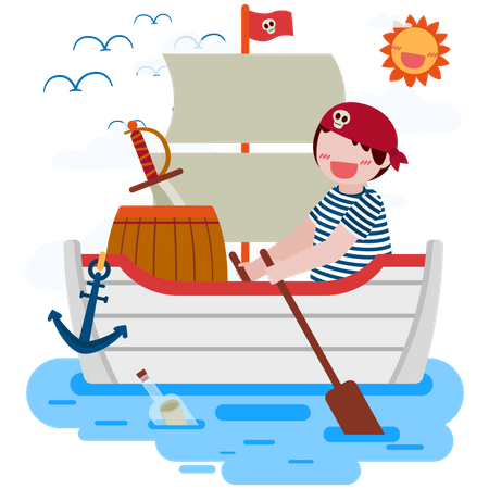 Salad boy navegando en un barco pirata en el mar  Ilustración