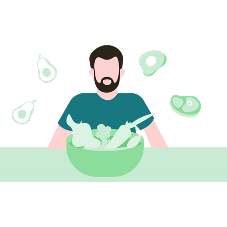 Hombre comiendo ensalada saludable  Ilustración