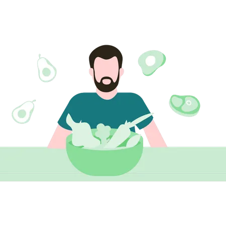 Hombre comiendo ensalada saludable  Ilustración