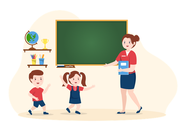 Enseignant accueillant les enfants en classe  Illustration