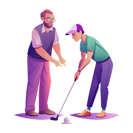 Un senior enseigne le golf à un homme lors d'un cours de golf  Illustration