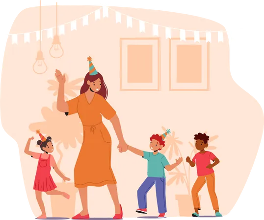 Un enseignant et des enfants d’âge préscolaire célèbrent leur anniversaire à la maternelle  Illustration