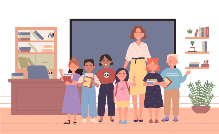Enseignant et enfants en salle de classe  Illustration