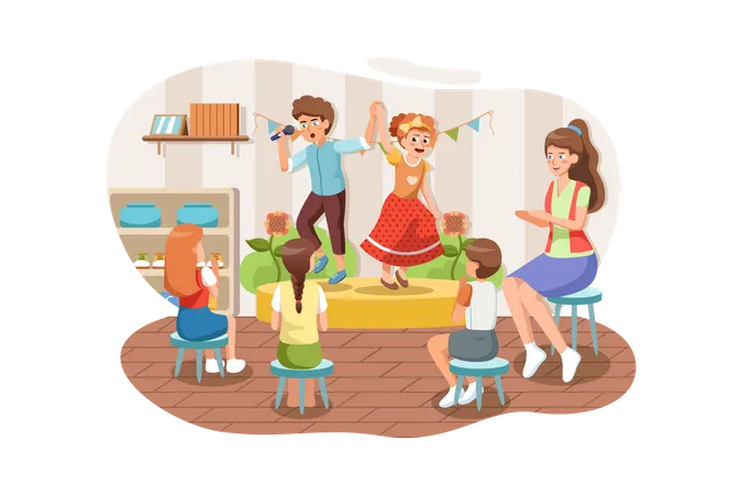 Enseignant et enfants jouant en crèche  Illustration