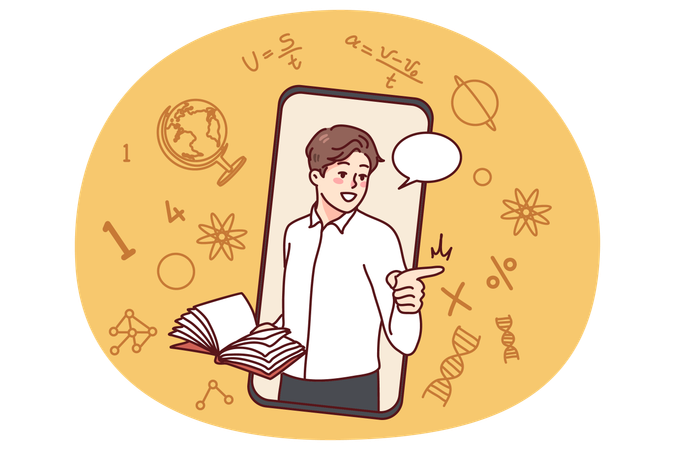 Un enseignant donne un cours en ligne sur son téléphone portable  Illustration