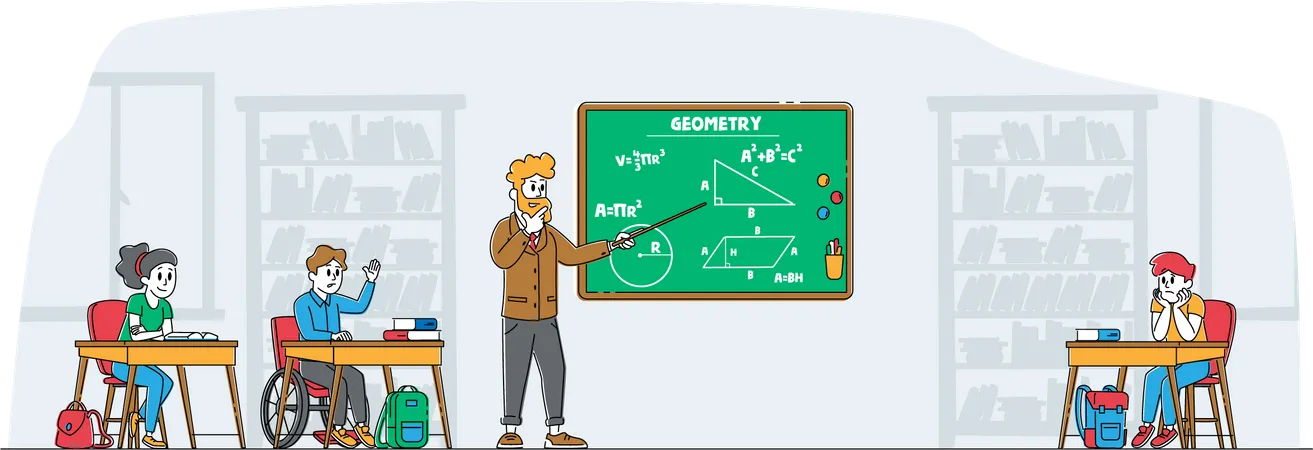 Enseignant masculin enseignant aux étudiants en classe de géométrie  Illustration