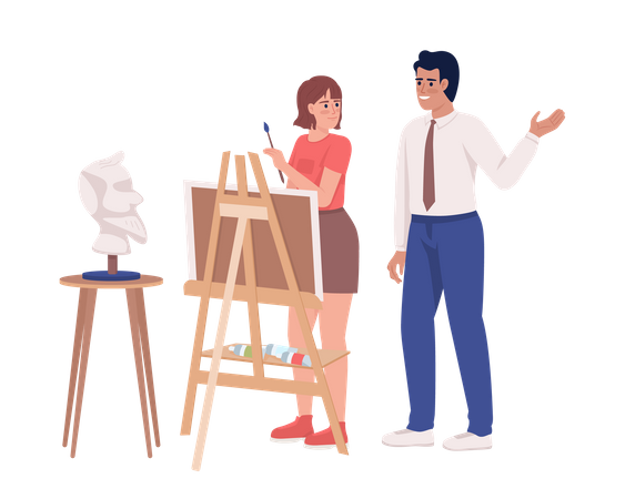 Enseignant instruisant une étudiante sur l'art  Illustration