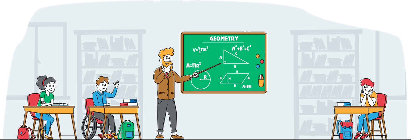 Enseignant masculin enseignant aux étudiants en classe de géométrie  Illustration