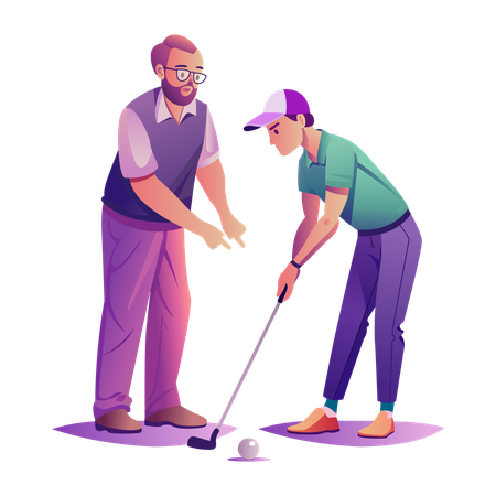 Sênior ensinando golfe para homem em aula de golfe  Ilustração