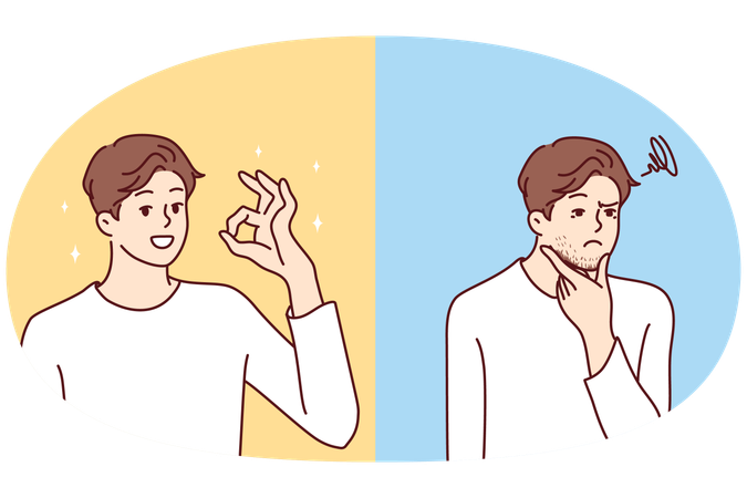 Entangled in threads of man puzzled touches chin then smiles and shows OK gesture  Illustration