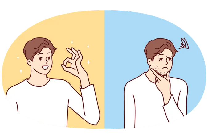 Entangled in threads of man puzzled touches chin then smiles and shows OK gesture  Illustration