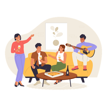 Entertaining Friends at Home with Music Pizza and Drinks  Illustration