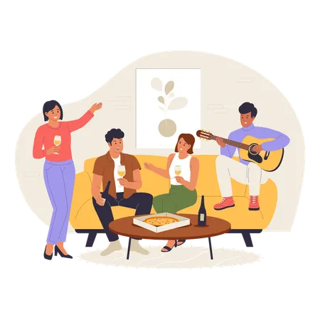Entertaining Friends at Home with Music Pizza and Drinks  Illustration