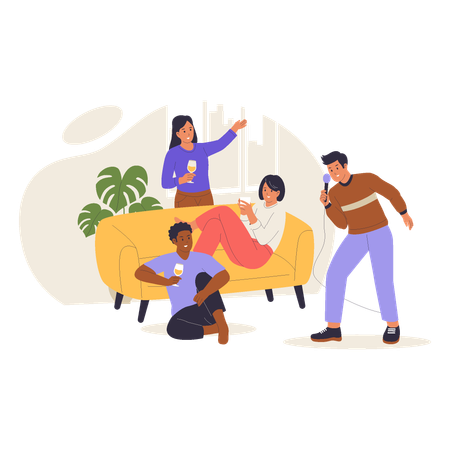 Entertaining Friends with Singing Talking and Drinking at Home  Illustration