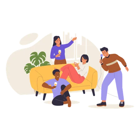 Entertaining Friends with Singing Talking and Drinking at Home  Illustration