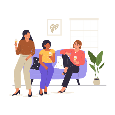 Entertaining Friends with Women Chatting and Drinking at Home  Illustration