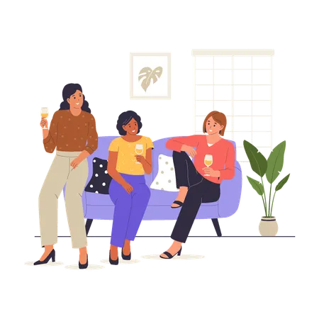 Entertaining Friends with Women Chatting and Drinking at Home  Illustration