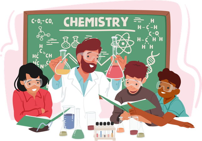 Enthusiastic Chemistry Teacher Engages Group Of Eager Kids In A Classroom  Illustration