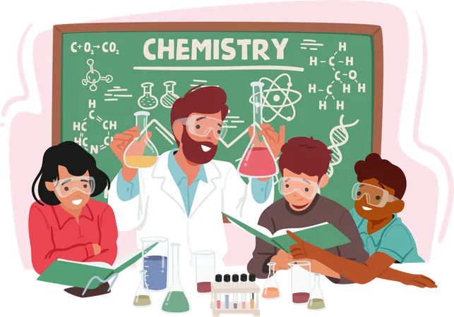 Enthusiastic Chemistry Teacher Engages A Group Of Eager Kids In A Classroom Fostering Curiosity With Exciting Experiments And Sparking A Love For Learning About The Wonders Of Science Vector Illustration