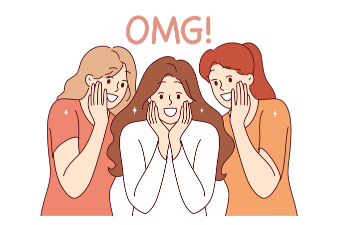Enthusiastic girls shout OMG seeing amazing commercial offer and big discounts on shopping  Illustration