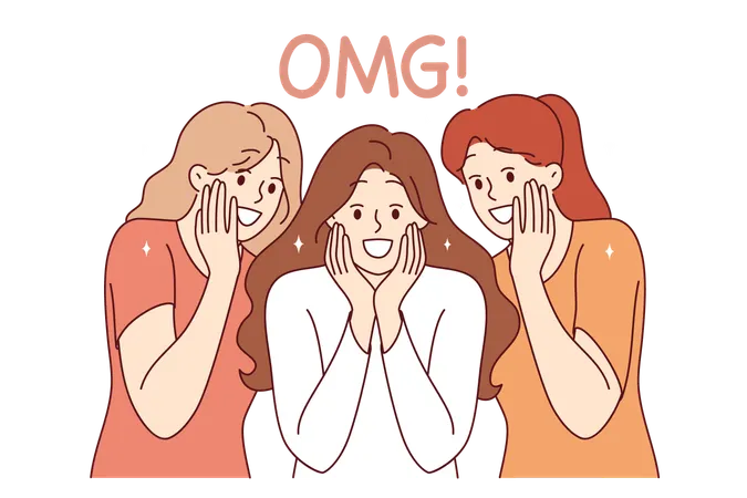 Enthusiastic girls shout OMG seeing amazing commercial offer and big discounts on shopping  Illustration