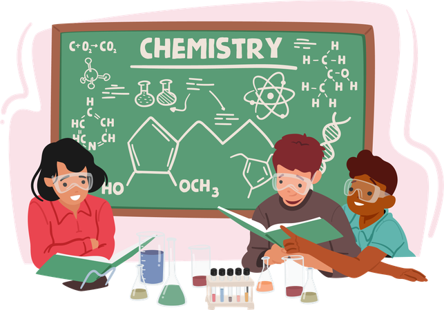 Enthusiastic Kids Characters Explore Chemistry In A Classroom  イラスト