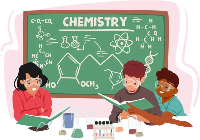 Enthusiastic Kids Characters Explore Chemistry In A Classroom Mixing Potions And Conducting Experiments With Beakers Fostering A Love For Science And Discovery Cartoon People Vector Illustration Illustration