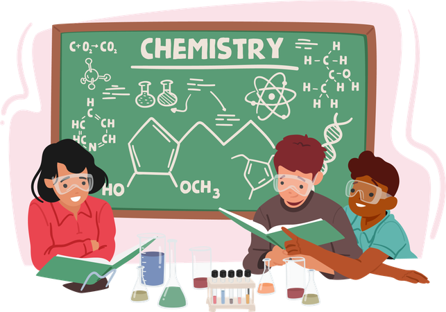 Enthusiastic Kids Characters Explore Chemistry In A Classroom  Illustration