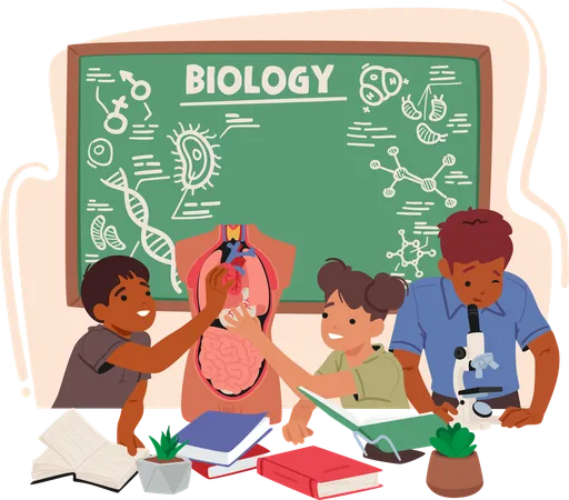 Enthusiastic Kids Engage In Hands On Learning Exploring The Intricacies Of Anatomy And Biology In A Classroom With Models Charts And A Contagious Sense Of Curiosity Cartoon Vector Illustration Illustration