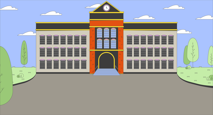 Entrada del edificio escolar con patio.  Ilustración