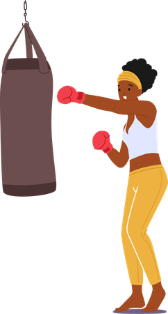 Entraînement de boxeur femme féroce et déterminée avec sac de boxe  Illustration