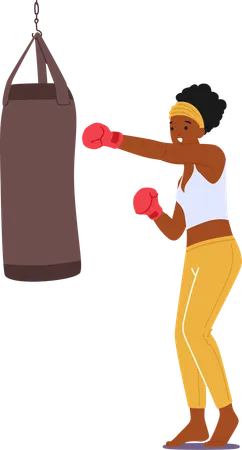 Entraînement de boxeur femme féroce et déterminée avec sac de boxe  Illustration