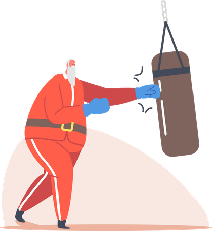 Entraînement du Père Noël dans une salle de sport avec un sac de boxe  Illustration