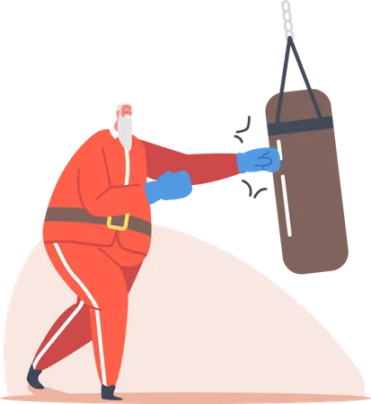 Entraînement du Père Noël dans une salle de sport avec un sac de boxe  Illustration