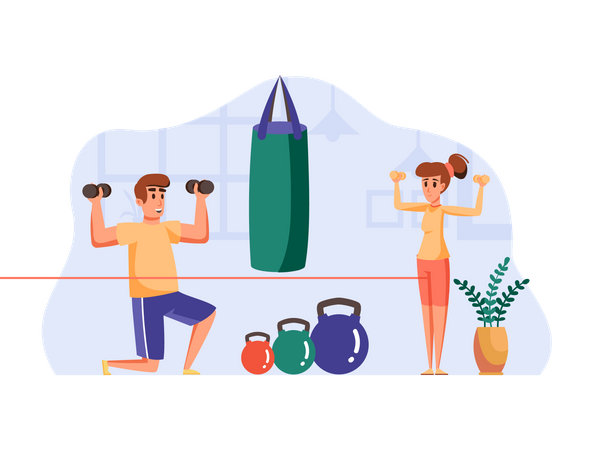 Entraîneur de gym féminin donnant des instructions à un client masculin  Illustration