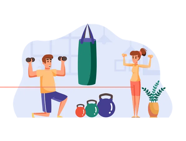 Entraîneur de gym féminin donnant des instructions à un client masculin  Illustration