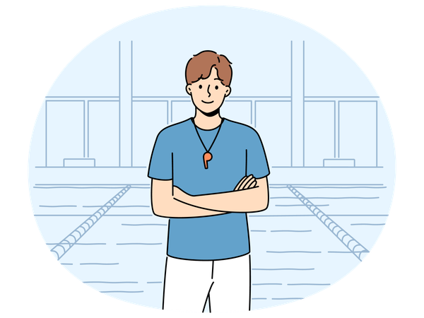 Entraîneur de natation souriant avec sifflet  Illustration
