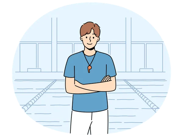 Entraîneur de natation souriant avec sifflet  Illustration